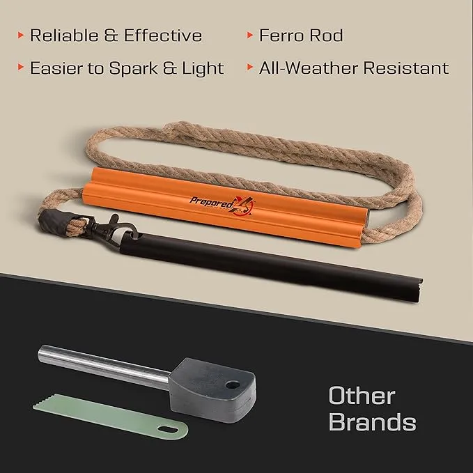 Fire Starter Survival Tool - All-in-One Flint and Steel Fire Starter Kit - Ferro Rod Fire Starter with 36" Waterproof Tinder Wick Rope and Steel Fire Striker - Patented Firestarter | Prepared4X