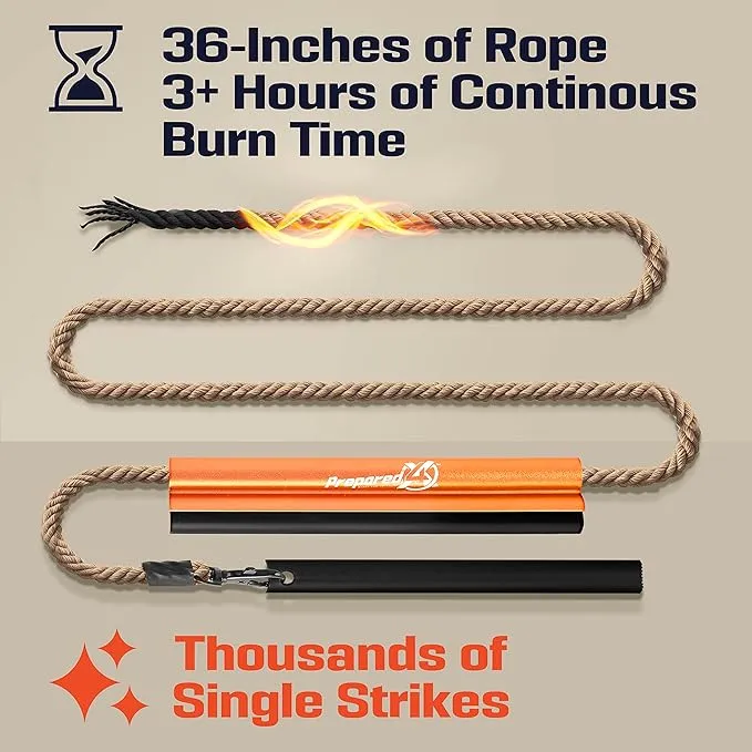 Fire Starter Survival Tool - All-in-One Flint and Steel Fire Starter Kit - Ferro Rod Fire Starter with 36" Waterproof Tinder Wick Rope and Steel Fire Striker - Patented Firestarter | Prepared4X