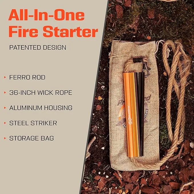 Fire Starter Survival Tool - All-in-One Flint and Steel Fire Starter Kit - Ferro Rod Fire Starter with 36" Waterproof Tinder Wick Rope and Steel Fire Striker - Patented Firestarter | Prepared4X