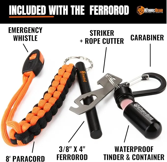 Fire Starter Survival Tool - Flint and Steel Fire Starter with Paracord, Emergency Whistle, Tinder and Waterproof Container to Start Campfires in Wilderness - Essential Hiking Gear