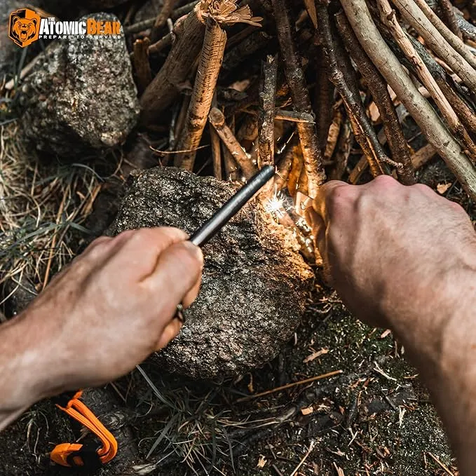 Fire Starter Survival Tool - Flint and Steel Fire Starter with Paracord, Emergency Whistle, Tinder and Waterproof Container to Start Campfires in Wilderness - Essential Hiking Gear