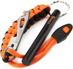 Fire Starter Survival Tool - Flint and Steel Fire Starter with Paracord, Emergency Whistle, Tinder and Waterproof Container to Start Campfires in Wilderness - Essential Hiking Gear