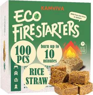 Fire Starters for Fireplace, Made from Rice Straw and Food Grade Wax, Burn Up to 10 Minutes, 100 Squares Natural Firestarter for Campfire, Charcoal, Chimney, Fatwood, Wood Stove, Tumbleweed