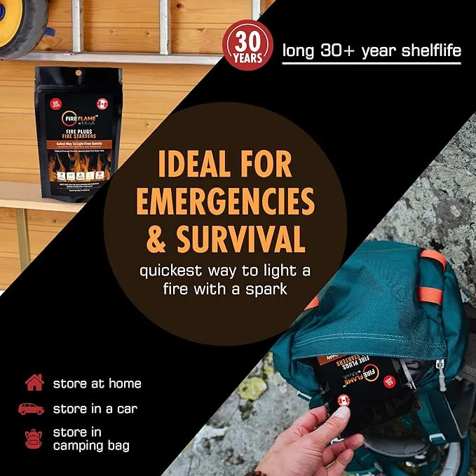 Fireflame Fire Plugs Fire Starter - Quick Instant 100% Waterproof All-Purpose Indoor & Outdoor Firestarter Tinder Tabs, for Emergency Survival, Charcoal Grill - Odorless & Non-Toxic