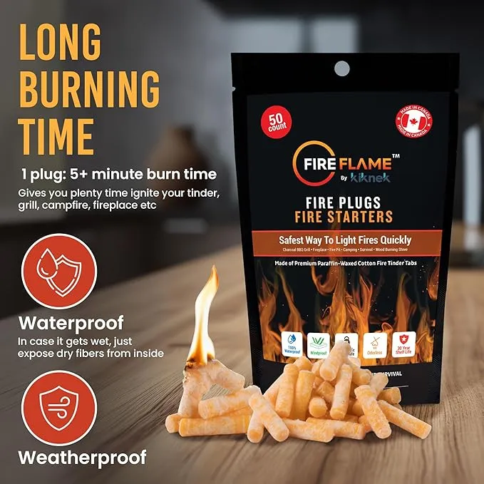 Fireflame Fire Plugs Fire Starter - Quick Instant 100% Waterproof All-Purpose Indoor & Outdoor Firestarter Tinder Tabs, for Emergency Survival, Charcoal Grill - Odorless & Non-Toxic