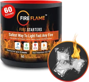 Fireflame Quick Instant Fire Starter - 100% Waterproof All-Purpose Indoor & Outdoor Firestarter, for Charcoal Starter, Campfire, Fireplace, BBQ - Odorless and Non-Toxic - 60 Pouches in Canister