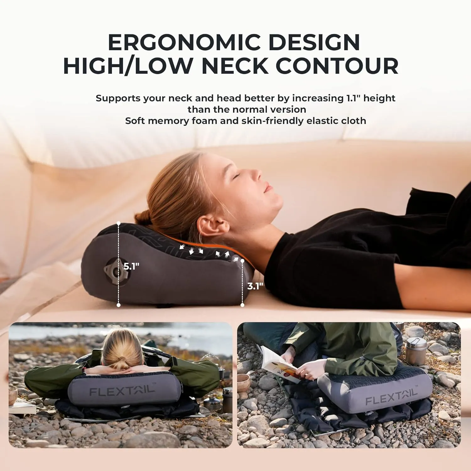 FLEXTAILGEAR Inflatable Camping Pillow, Portable Travel Pillows, Ultralight Beach Pillow with 50D Brushed Stretch Cloth, Washable Cover, TPU Bladder for Camping, Hiking, Airplane, Road Trip, Office