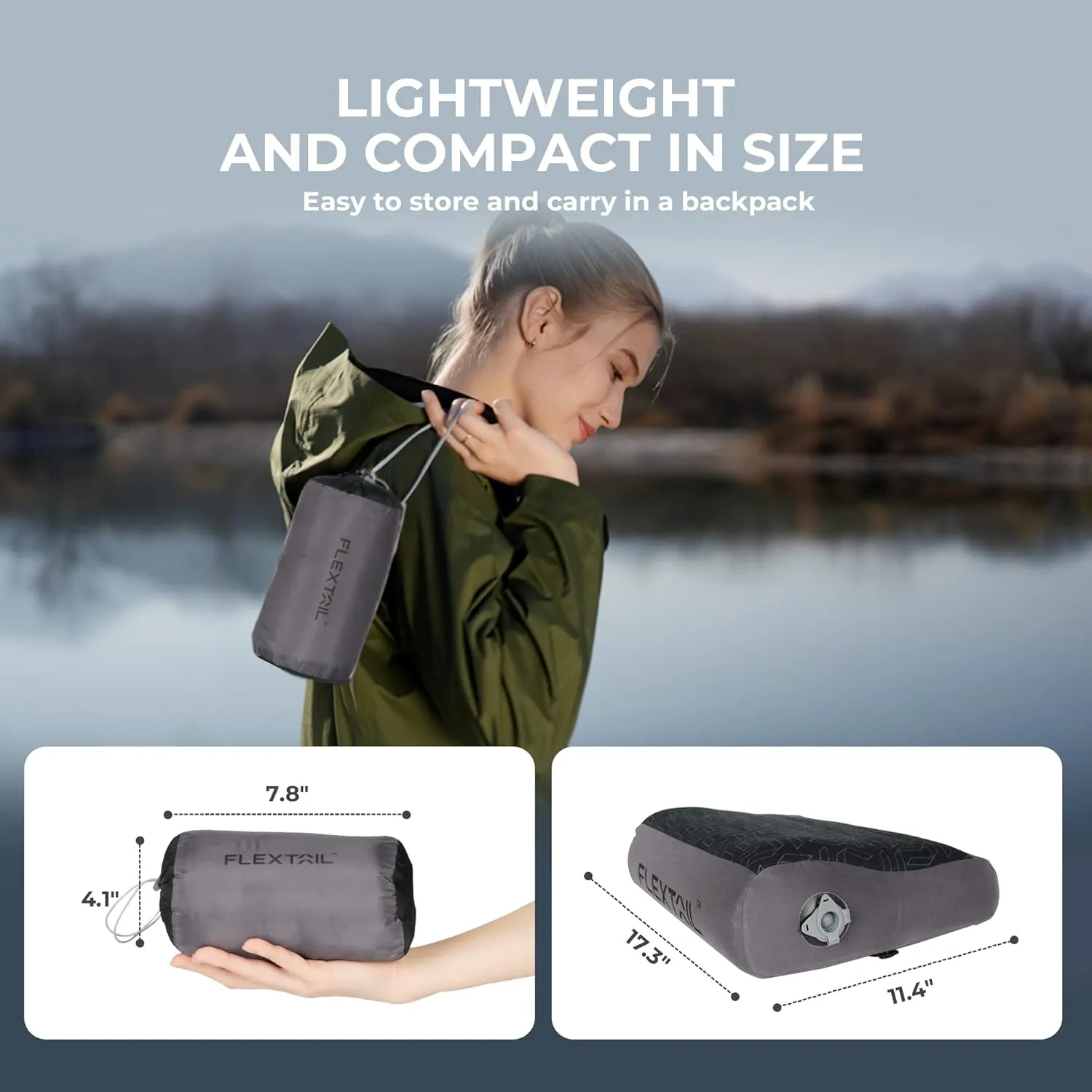 FLEXTAILGEAR Inflatable Camping Pillow, Portable Travel Pillows, Ultralight Beach Pillow with 50D Brushed Stretch Cloth, Washable Cover, TPU Bladder for Camping, Hiking, Airplane, Road Trip, Office
