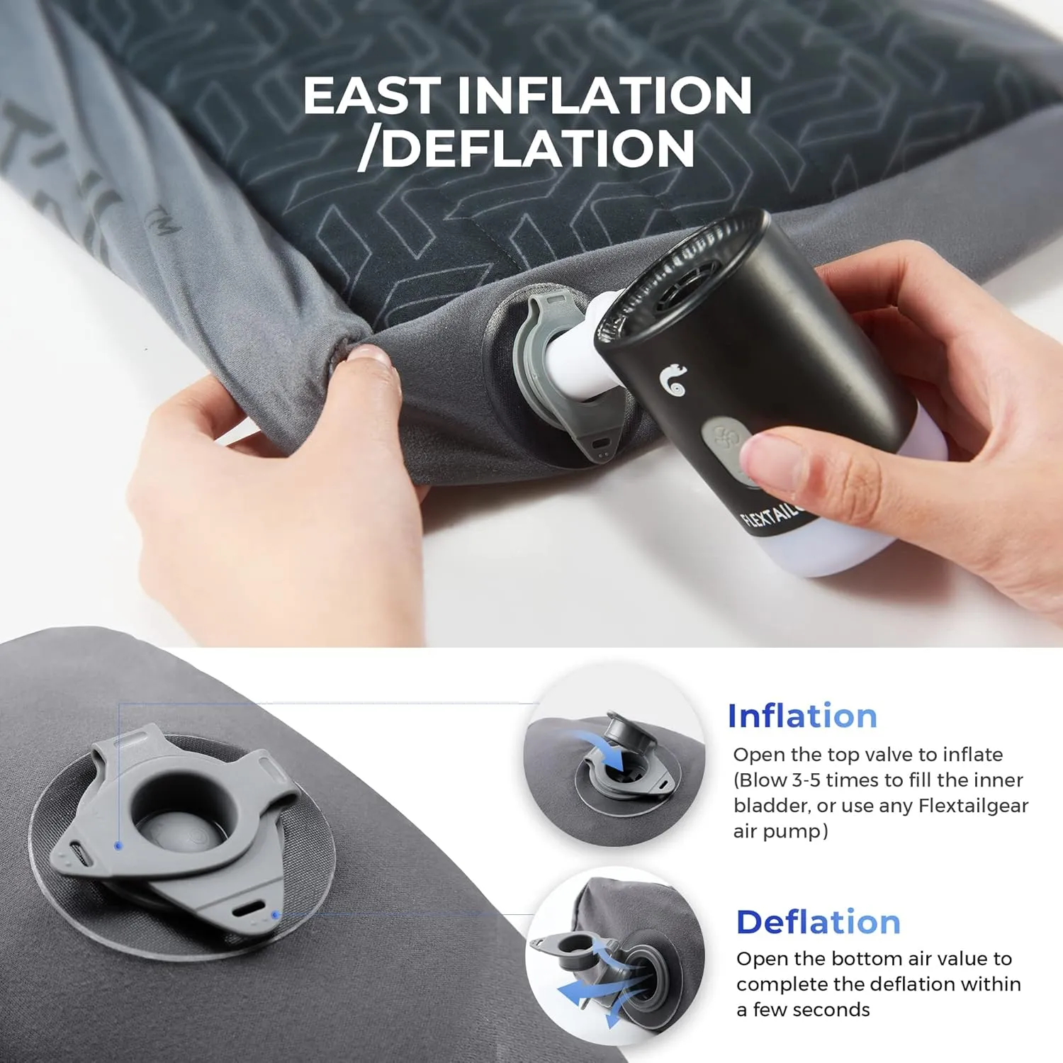 FLEXTAILGEAR Inflatable Camping Pillow, Portable Travel Pillows, Ultralight Beach Pillow with 50D Brushed Stretch Cloth, Washable Cover, TPU Bladder for Camping, Hiking, Airplane, Road Trip, Office