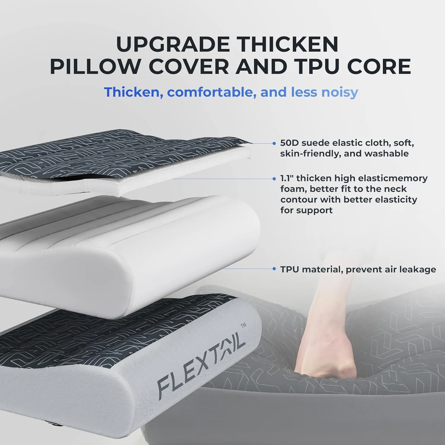 FLEXTAILGEAR Inflatable Camping Pillow, Portable Travel Pillows, Ultralight Beach Pillow with 50D Brushed Stretch Cloth, Washable Cover, TPU Bladder for Camping, Hiking, Airplane, Road Trip, Office