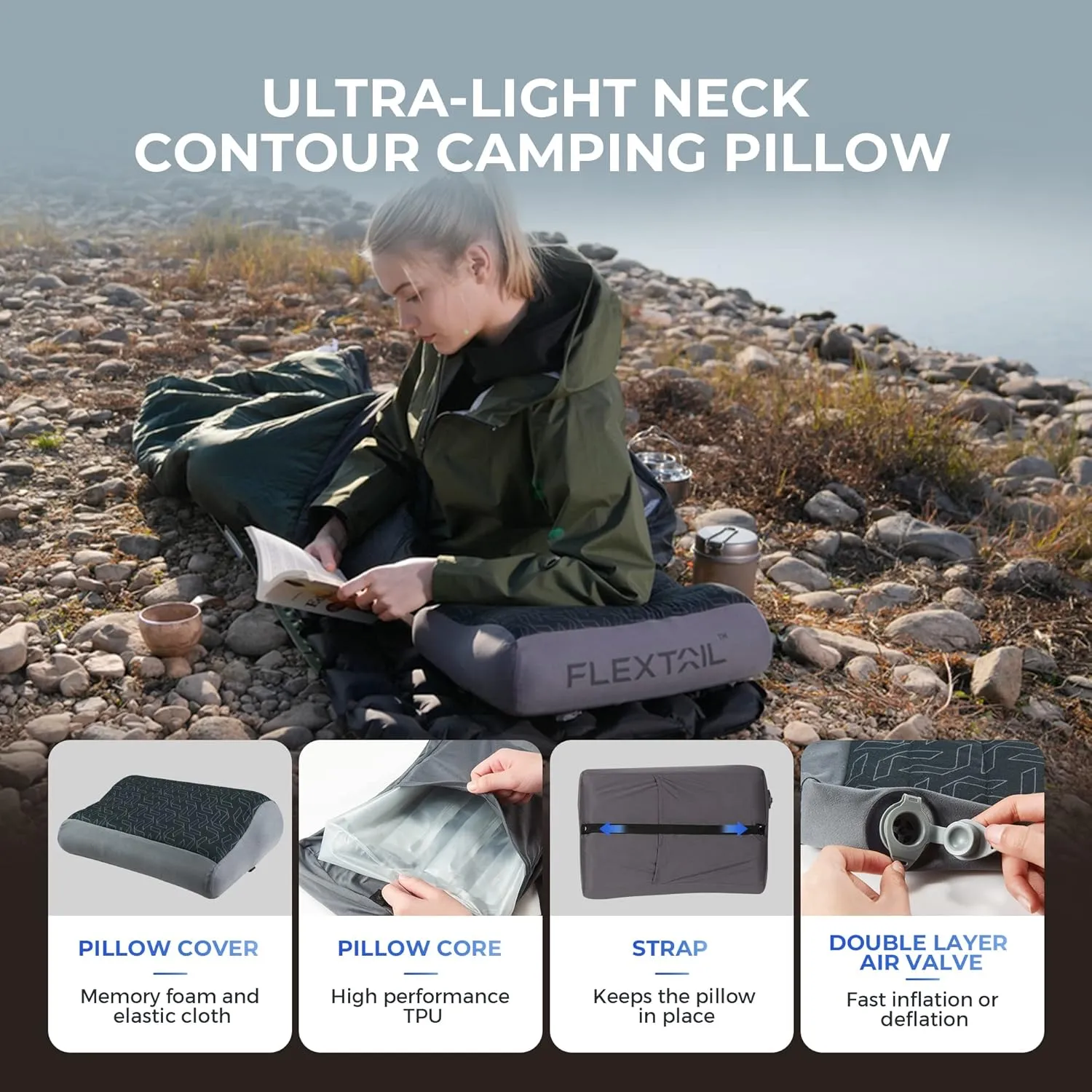 FLEXTAILGEAR Inflatable Camping Pillow, Portable Travel Pillows, Ultralight Beach Pillow with 50D Brushed Stretch Cloth, Washable Cover, TPU Bladder for Camping, Hiking, Airplane, Road Trip, Office