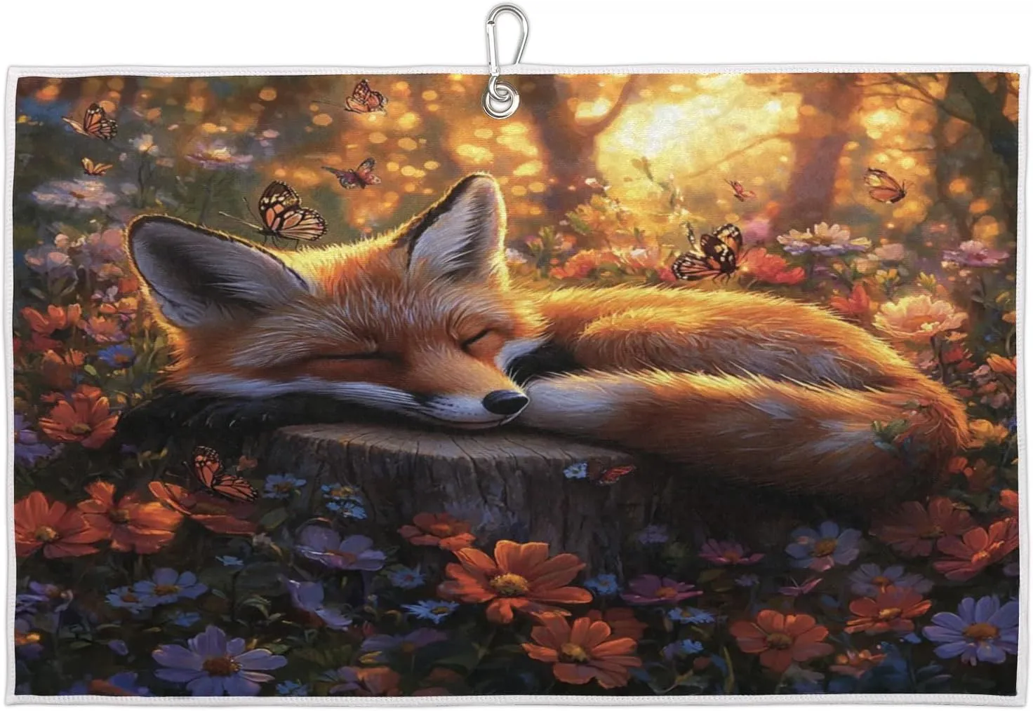 Fox Butterfly Flower Golf Towel with Heavy Duty Carabiner Ultra Absorbent Quick Dry Perfect for Cleaning Clubs Balls Gear Essential Golf Accessory for Men Women Kids