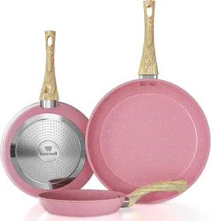 Frying Pan Nonstick Set, 8" & 9.5" & 11" Pink Egg Pan, Non Stick Fry Pan Set PFOA-Free Omelet Pan, Toxin-Free Skillets Stone Cookware, Anti-Warp Base with All Stove Tops Available,Induction Compatible