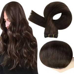 Full Shine Brown Weft Hair Extensions Real Human Hair Straight Remy Hair Bundles 105G Double Weft Extensions Dark Brown Sew In Hair Extensions Real Human Hair Weave Extensions Human Hair Wefts 24 Inch