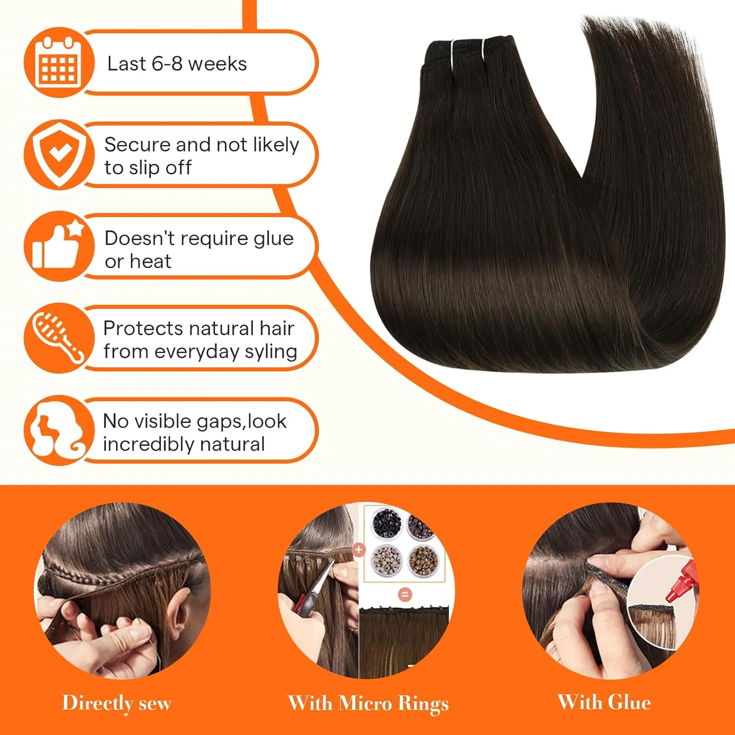 Full Shine Brown Weft Hair Extensions Real Human Hair Straight Remy Hair Bundles 105G Double Weft Extensions Dark Brown Sew In Hair Extensions Real Human Hair Weave Extensions Human Hair Wefts 24 Inch