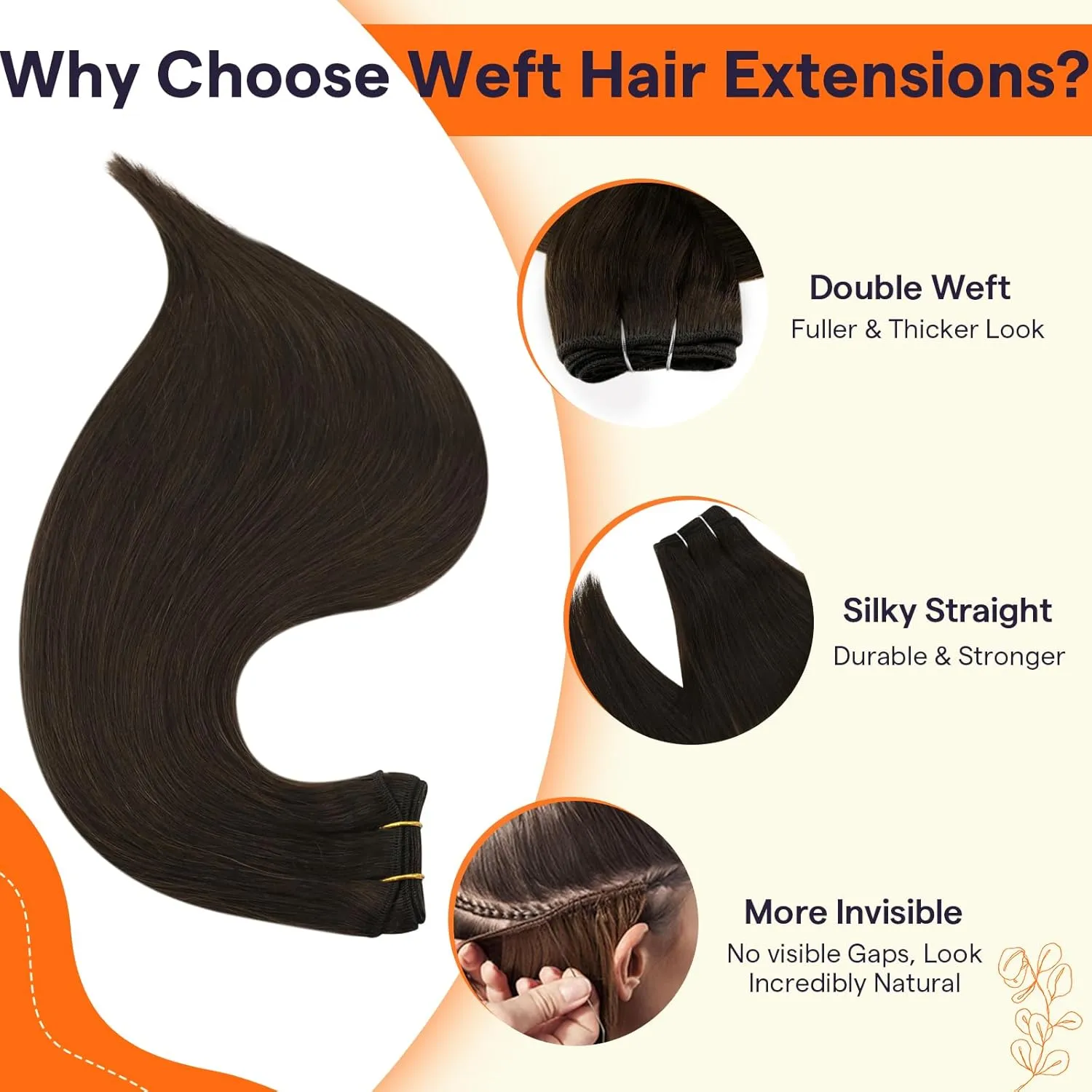 Full Shine Brown Weft Hair Extensions Real Human Hair Straight Remy Hair Bundles 105G Double Weft Extensions Dark Brown Sew In Hair Extensions Real Human Hair Weave Extensions Human Hair Wefts 24 Inch