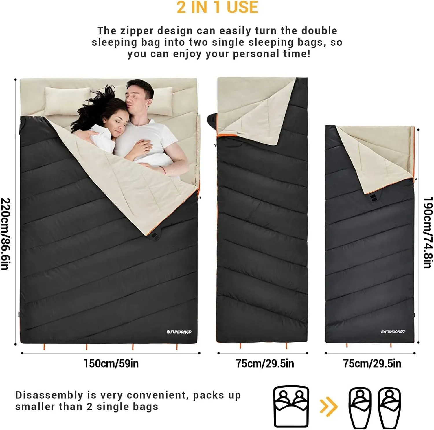 FUNDANGO COMFORT 200D Double Sleeping Bag with Hood