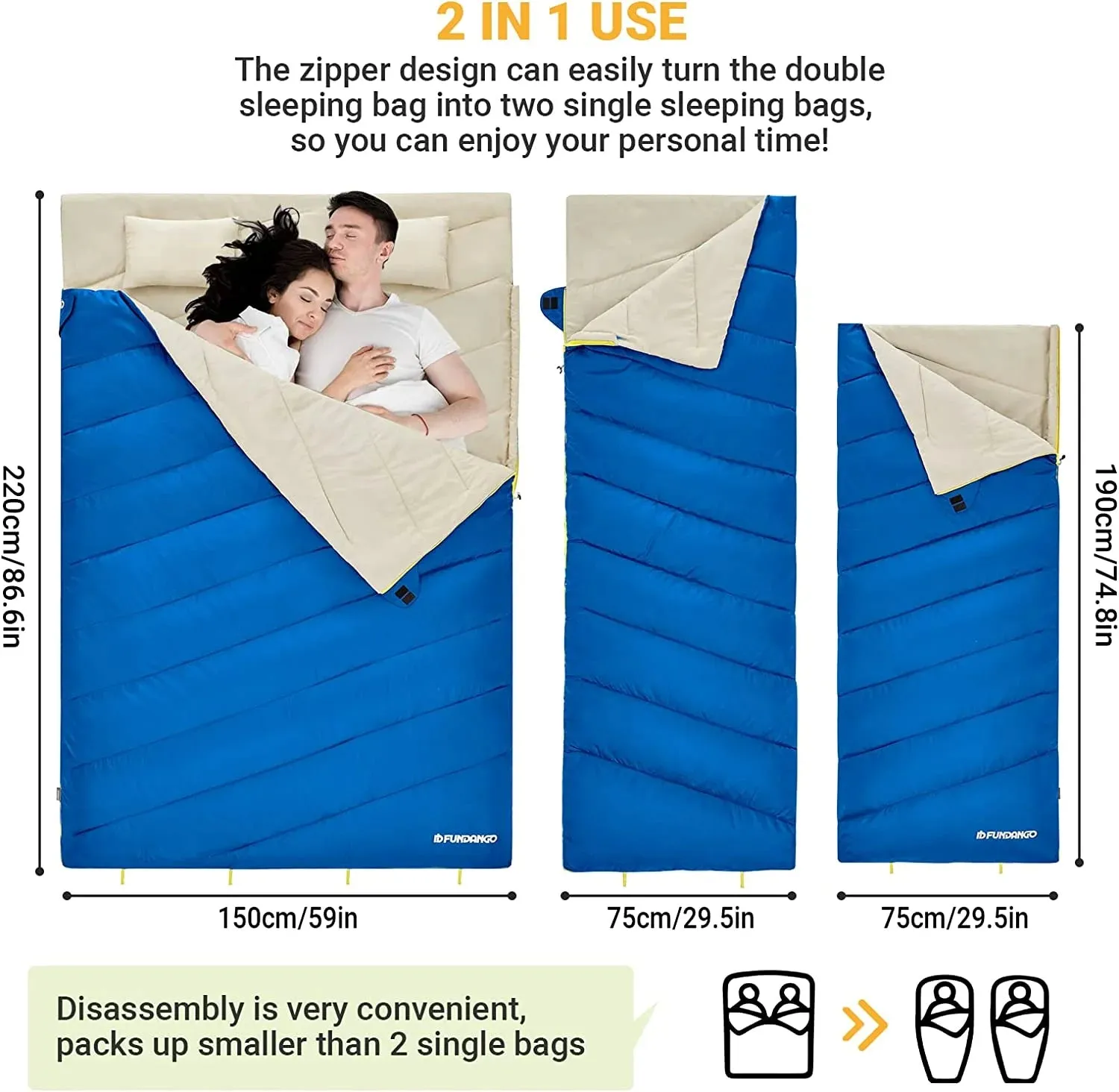 FUNDANGO COMFORT 200D Double Sleeping Bag with Hood