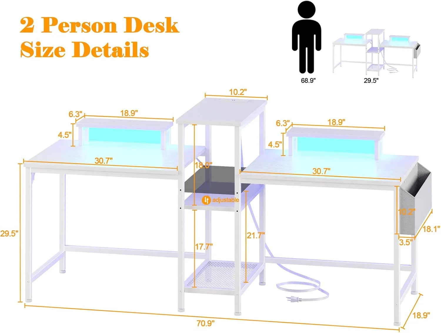 Furologee 2 Person Gaming Desk with LED Lights, 71 Inch Computer Desk with Power Outlets and Monitor Stand, Double Desk with Storage Bag and Headphone Hooks, Study Writing Table for Home Office, White