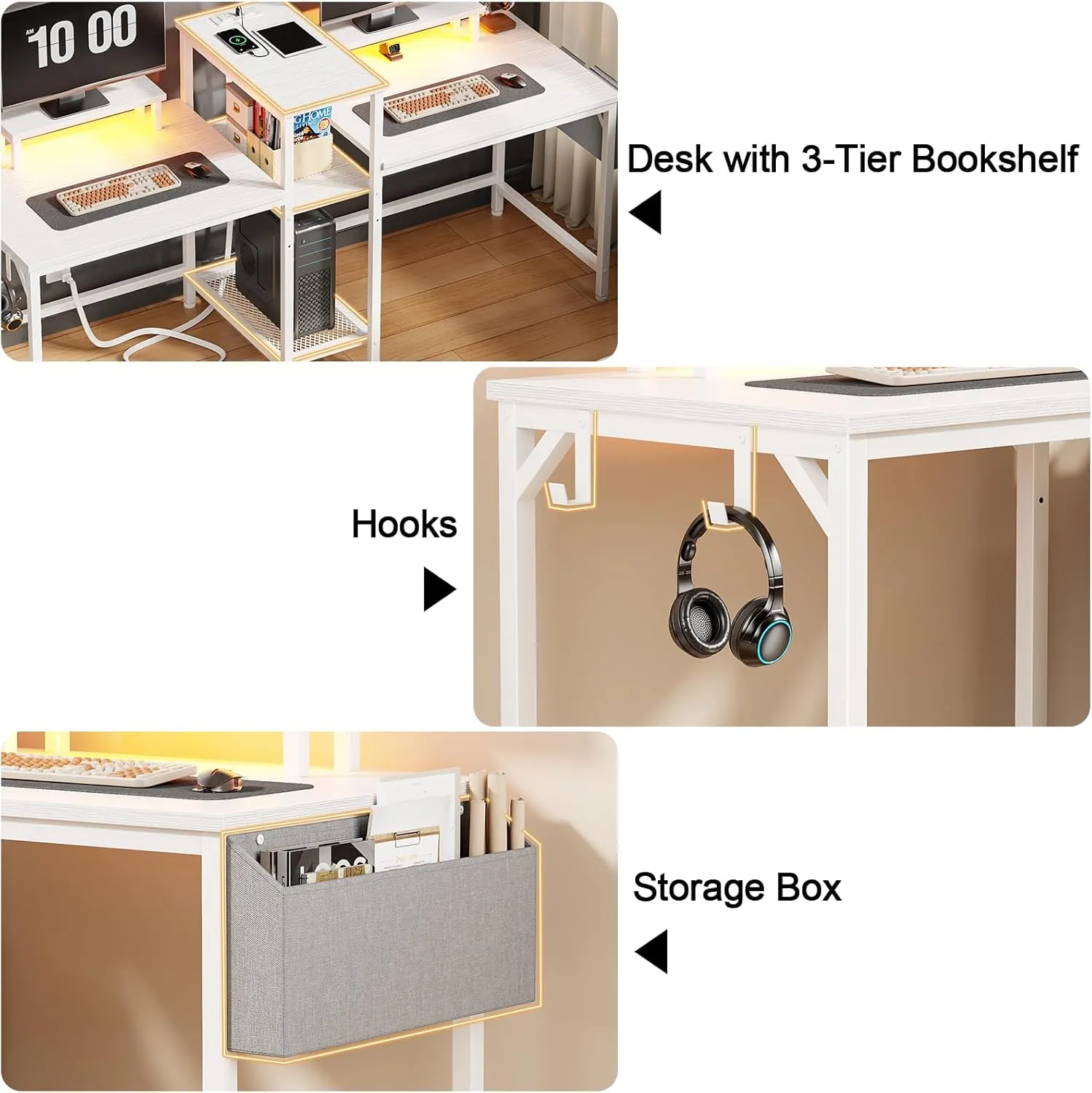 Furologee 2 Person Gaming Desk with LED Lights, 71 Inch Computer Desk with Power Outlets and Monitor Stand, Double Desk with Storage Bag and Headphone Hooks, Study Writing Table for Home Office, White