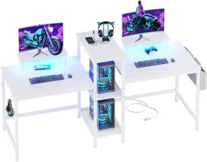 Furologee 2 Person Gaming Desk with LED Lights, 71 Inch Computer Desk with Power Outlets and Monitor Stand, Double Desk with Storage Bag and Headphone Hooks, Study Writing Table for Home Office, White