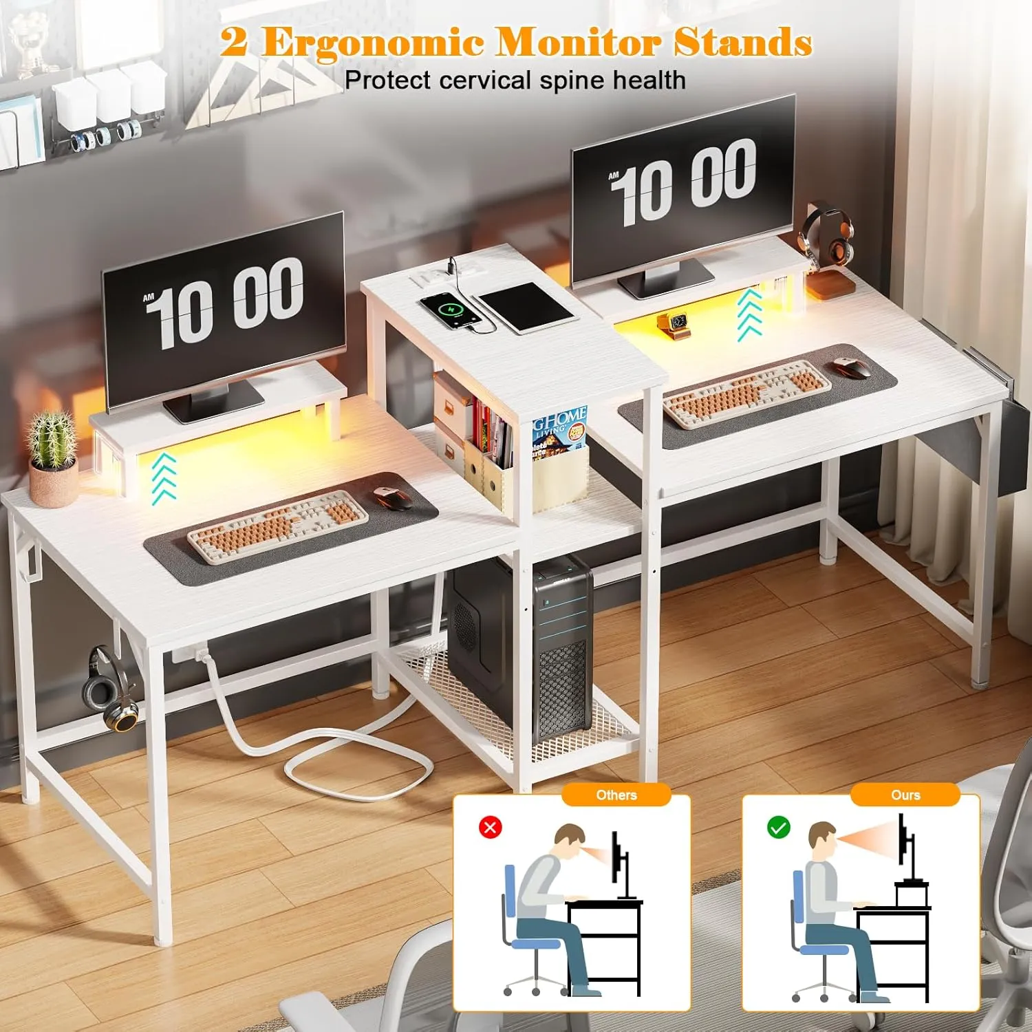 Furologee 2 Person Gaming Desk with LED Lights, 71 Inch Computer Desk with Power Outlets and Monitor Stand, Double Desk with Storage Bag and Headphone Hooks, Study Writing Table for Home Office, White