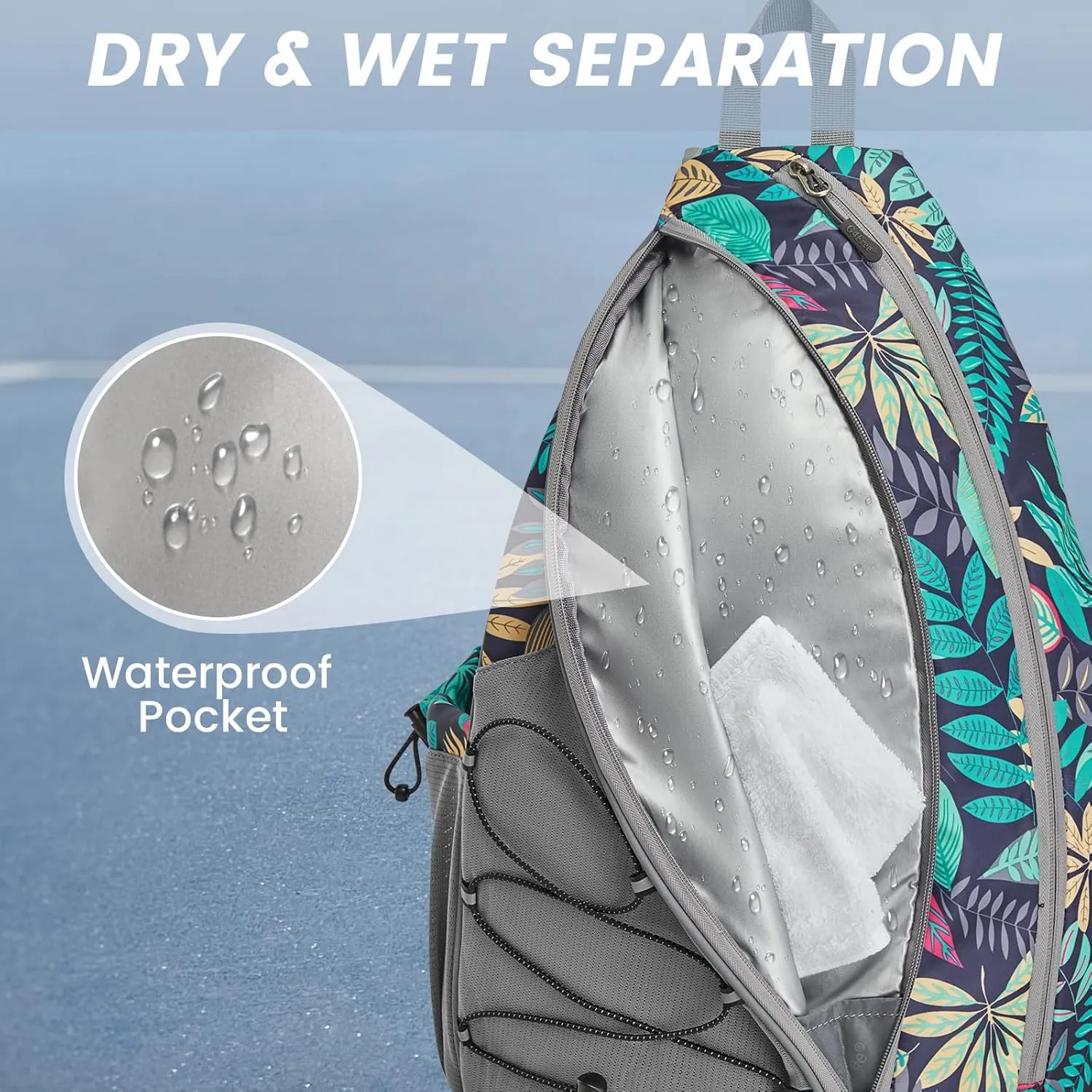 G4Free Pickleball Bag, Pickleball Backpack for Women & Men, Adjustable Sling Bag with Waterproof Pocket/Fence Hook, Blue Leaf