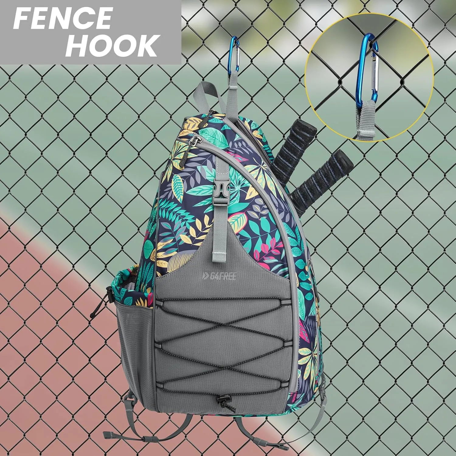 G4Free Pickleball Bag, Pickleball Backpack for Women & Men, Adjustable Sling Bag with Waterproof Pocket/Fence Hook, Blue Leaf