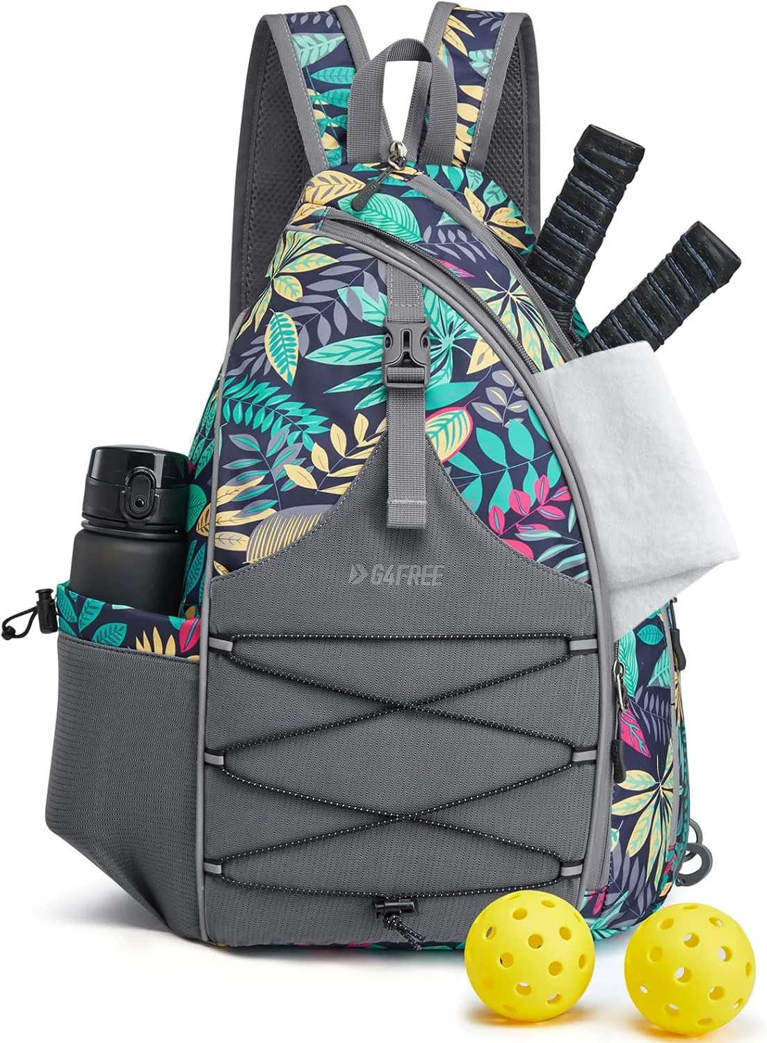 G4Free Pickleball Bag, Pickleball Backpack for Women & Men, Adjustable Sling Bag with Waterproof Pocket/Fence Hook, Blue Leaf