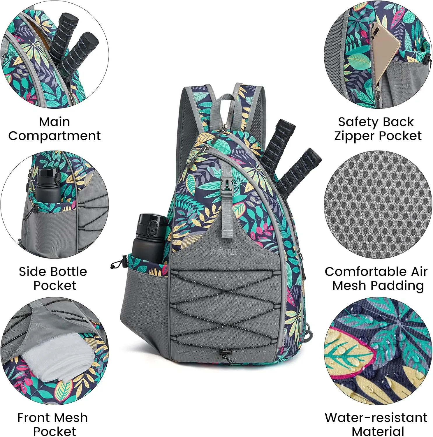 G4Free Pickleball Bag, Pickleball Backpack for Women & Men, Adjustable Sling Bag with Waterproof Pocket/Fence Hook, Blue Leaf