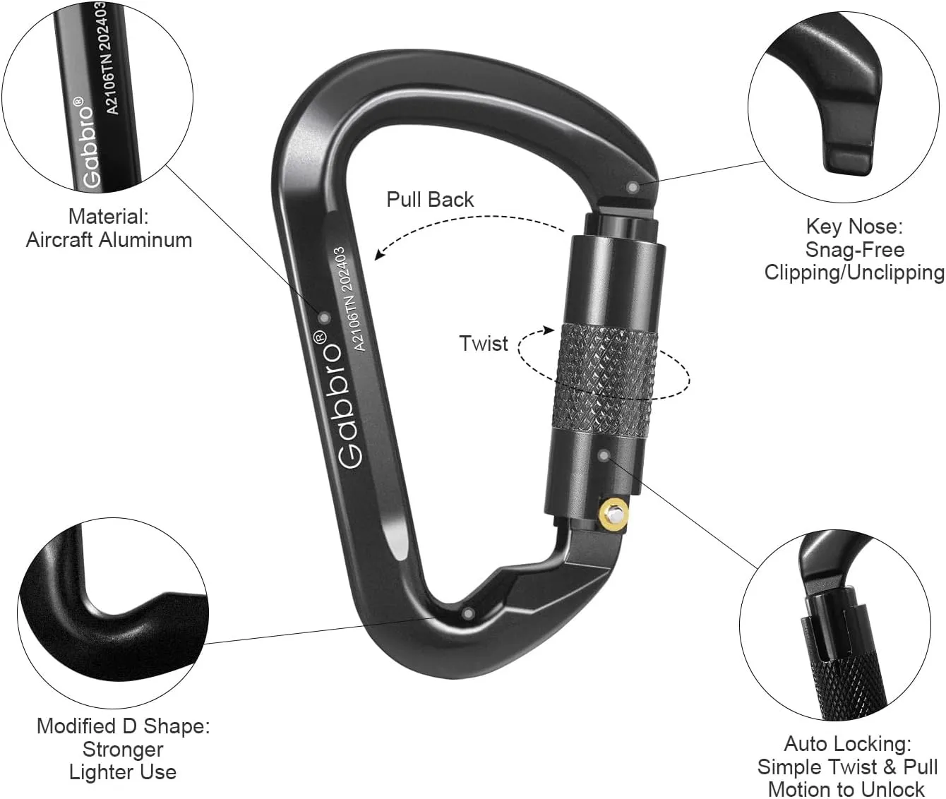 Gabbro Carabiner Clips Heavy Duty, | Wiregate Snap, Screw Locking, Aluminum, Lightweight Caribeener | for Hammock, Hiking, Camping, Water Bottle, Dog Leash Harness, Keychains