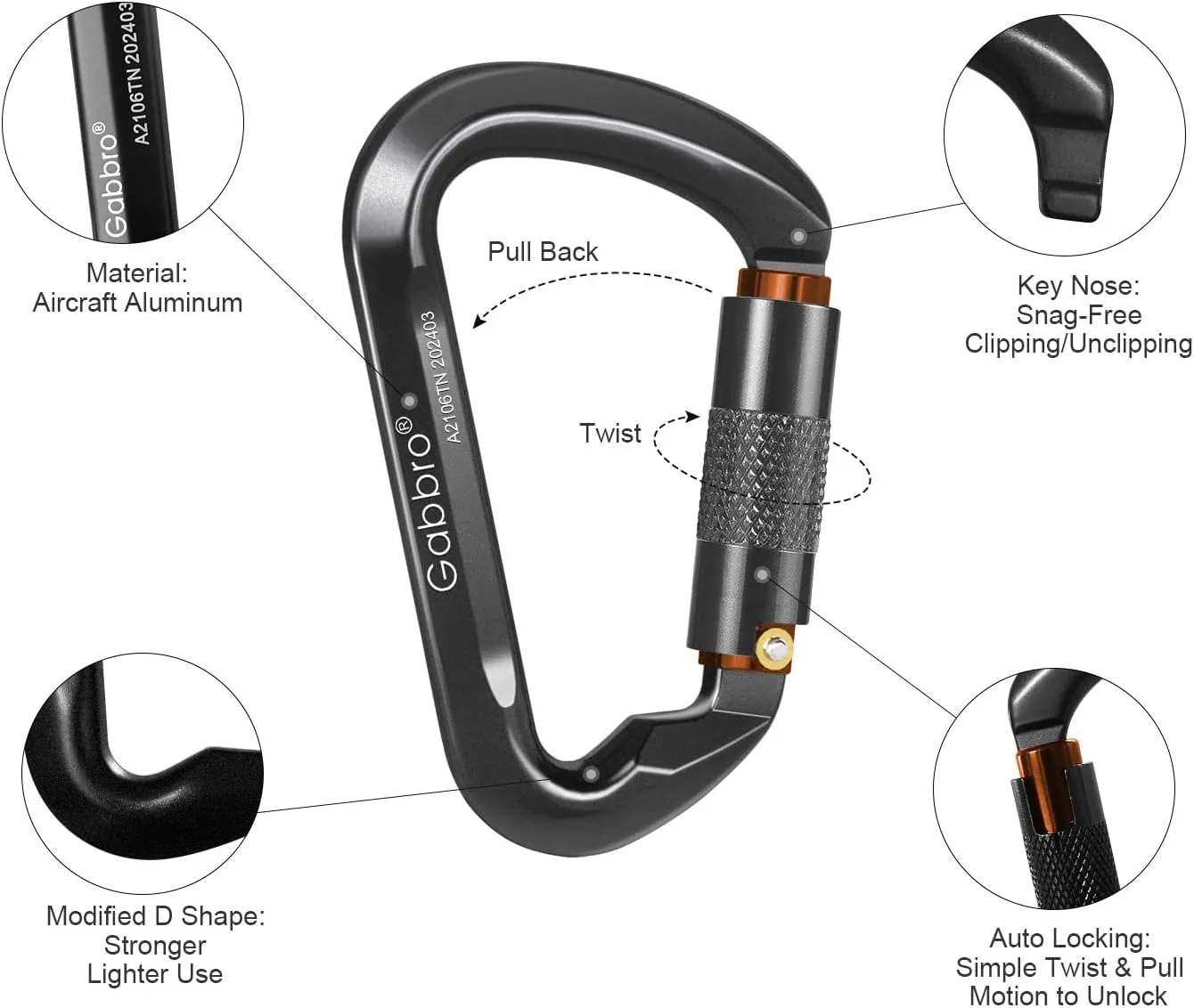 Gabbro Carabiner Clips Heavy Duty, | Wiregate Snap, Screw Locking, Aluminum, Lightweight Caribeener | for Hammock, Hiking, Camping, Water Bottle, Dog Leash Harness, Keychains