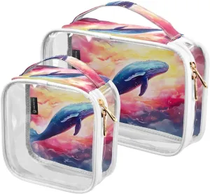 GAIGEO Fantasy Sea Of Clouds And Whale Clear Makeup Bag Set, Clear Plastic Bags with Zipper, Makeup Travel Bag for Women, 2 Pack