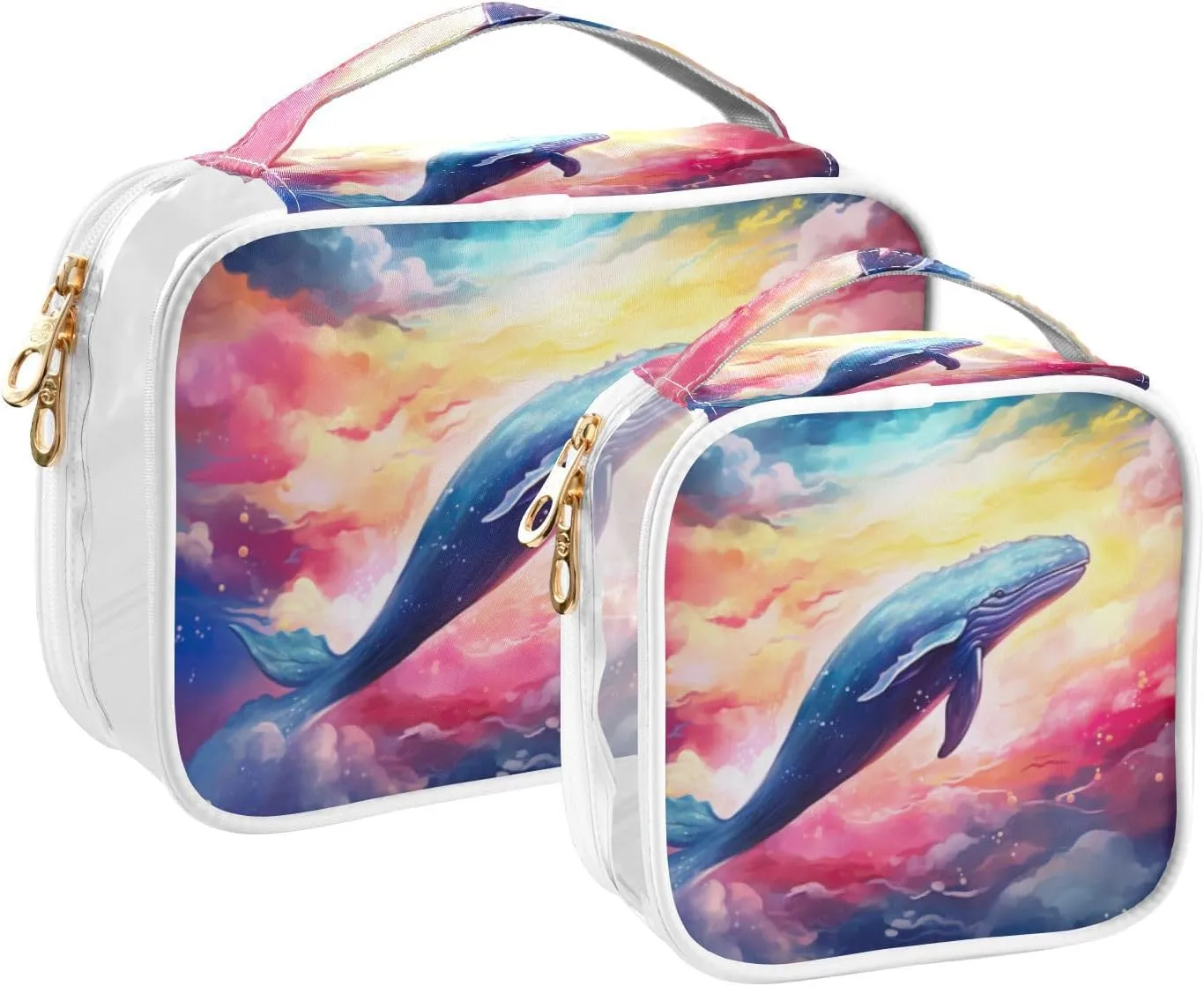 GAIGEO Fantasy Sea Of Clouds And Whale Clear Makeup Bag Set, Clear Plastic Bags with Zipper, Makeup Travel Bag for Women, 2 Pack
