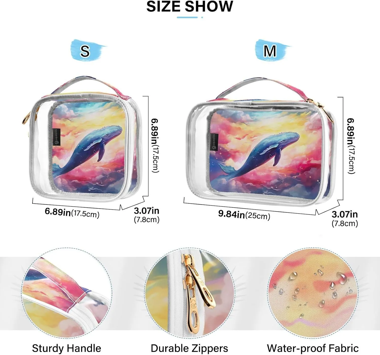 GAIGEO Fantasy Sea Of Clouds And Whale Clear Makeup Bag Set, Clear Plastic Bags with Zipper, Makeup Travel Bag for Women, 2 Pack