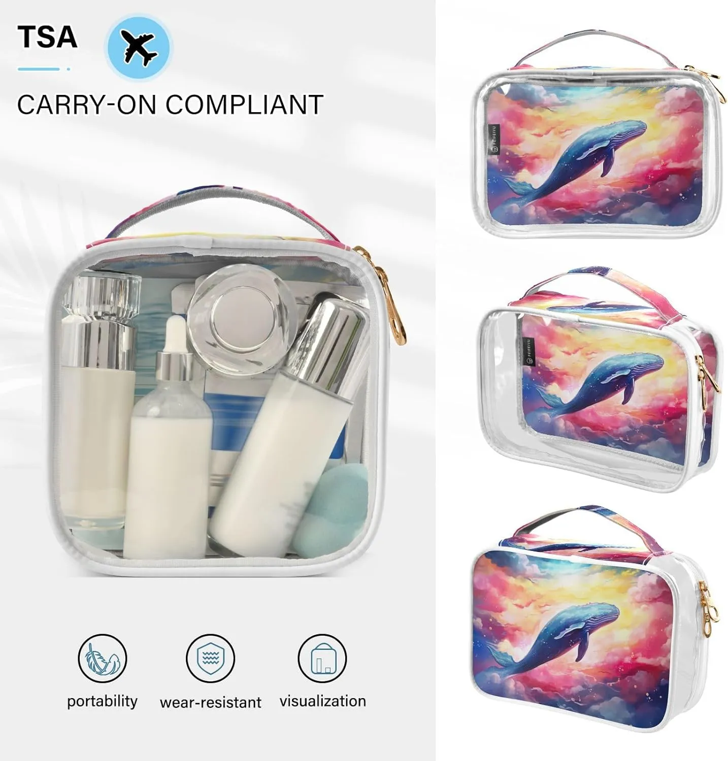 GAIGEO Fantasy Sea Of Clouds And Whale Clear Makeup Bag Set, Clear Plastic Bags with Zipper, Makeup Travel Bag for Women, 2 Pack