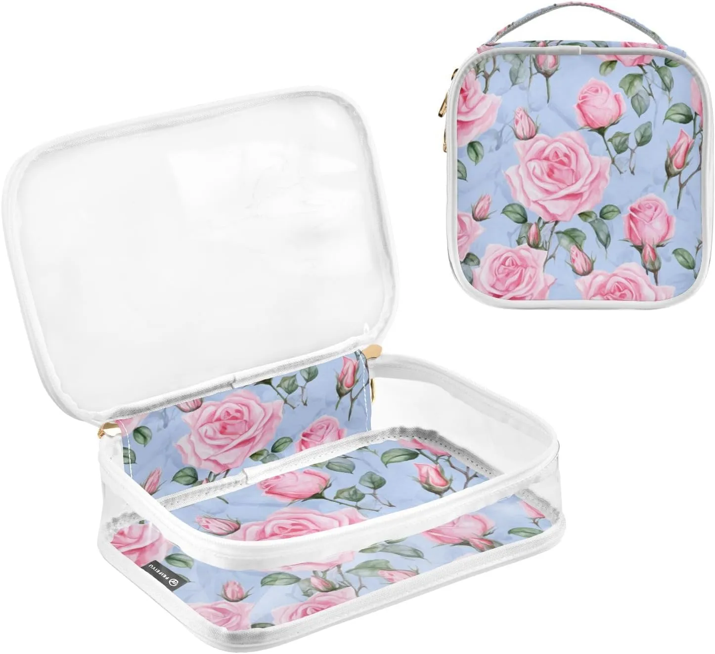 GAIGEO Pink Roses Clear Makeup Bag Set, Plastic Makeup Bag, Clear Toiletry Bag for Men, 2 Pack