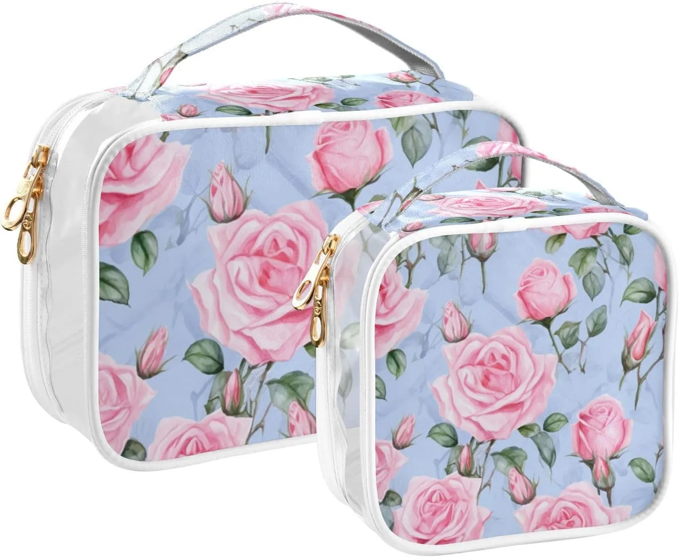 GAIGEO Pink Roses Clear Makeup Bag Set, Plastic Makeup Bag, Clear Toiletry Bag for Men, 2 Pack