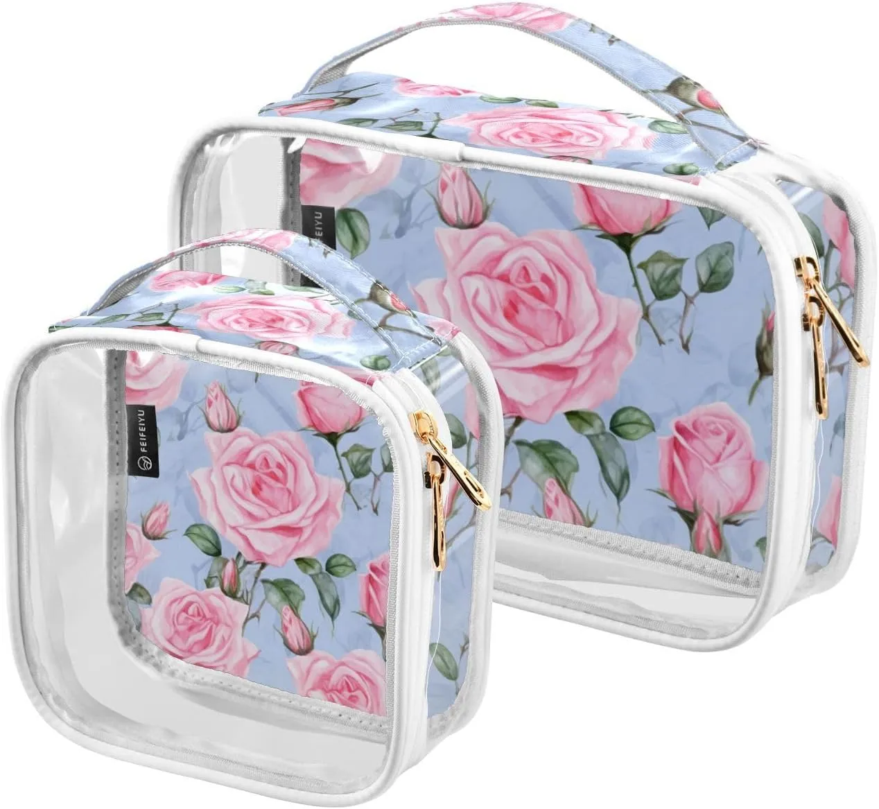 GAIGEO Pink Roses Clear Makeup Bag Set, Plastic Makeup Bag, Clear Toiletry Bag for Men, 2 Pack