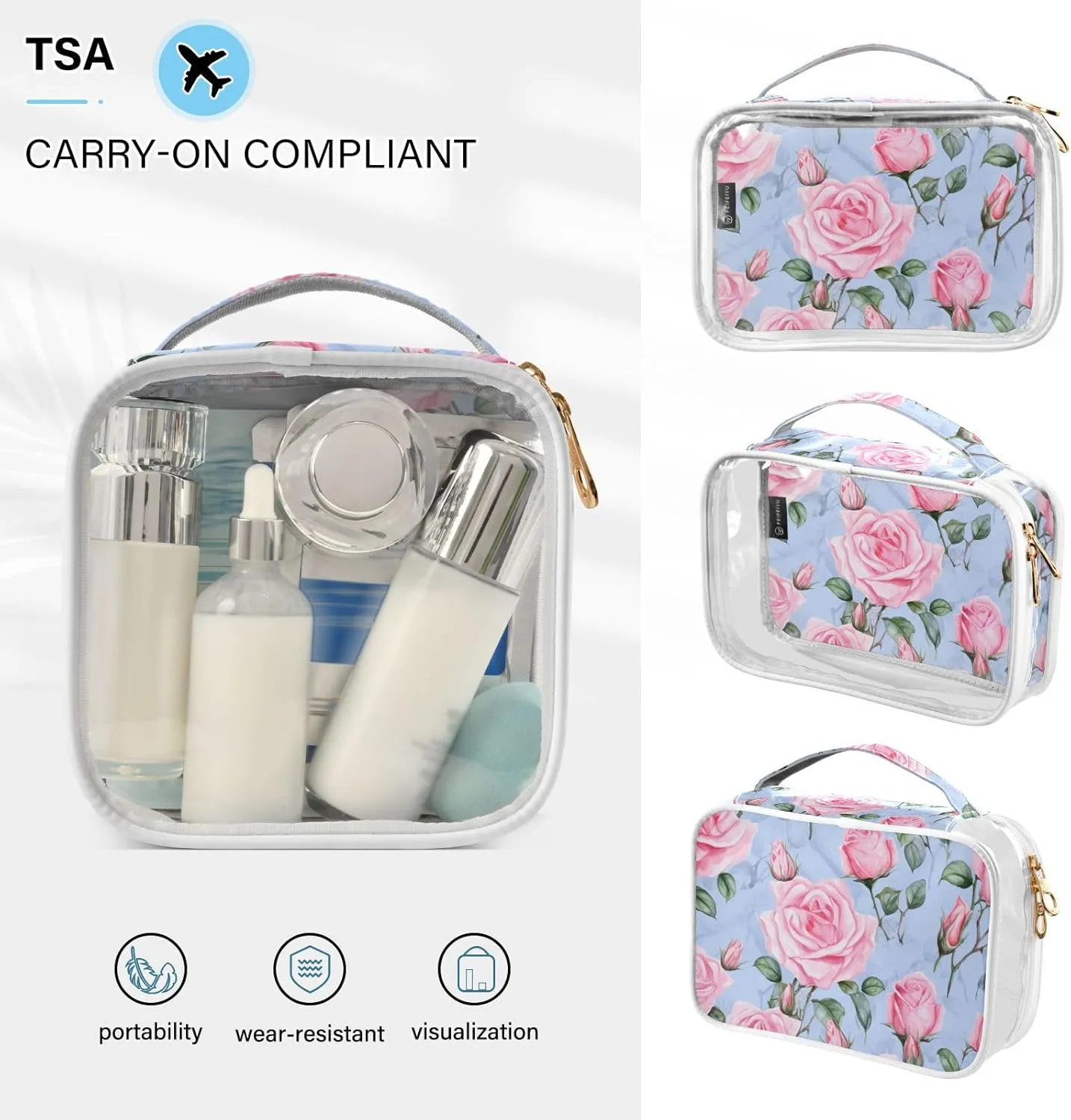 GAIGEO Pink Roses Clear Makeup Bag Set, Plastic Makeup Bag, Clear Toiletry Bag for Men, 2 Pack