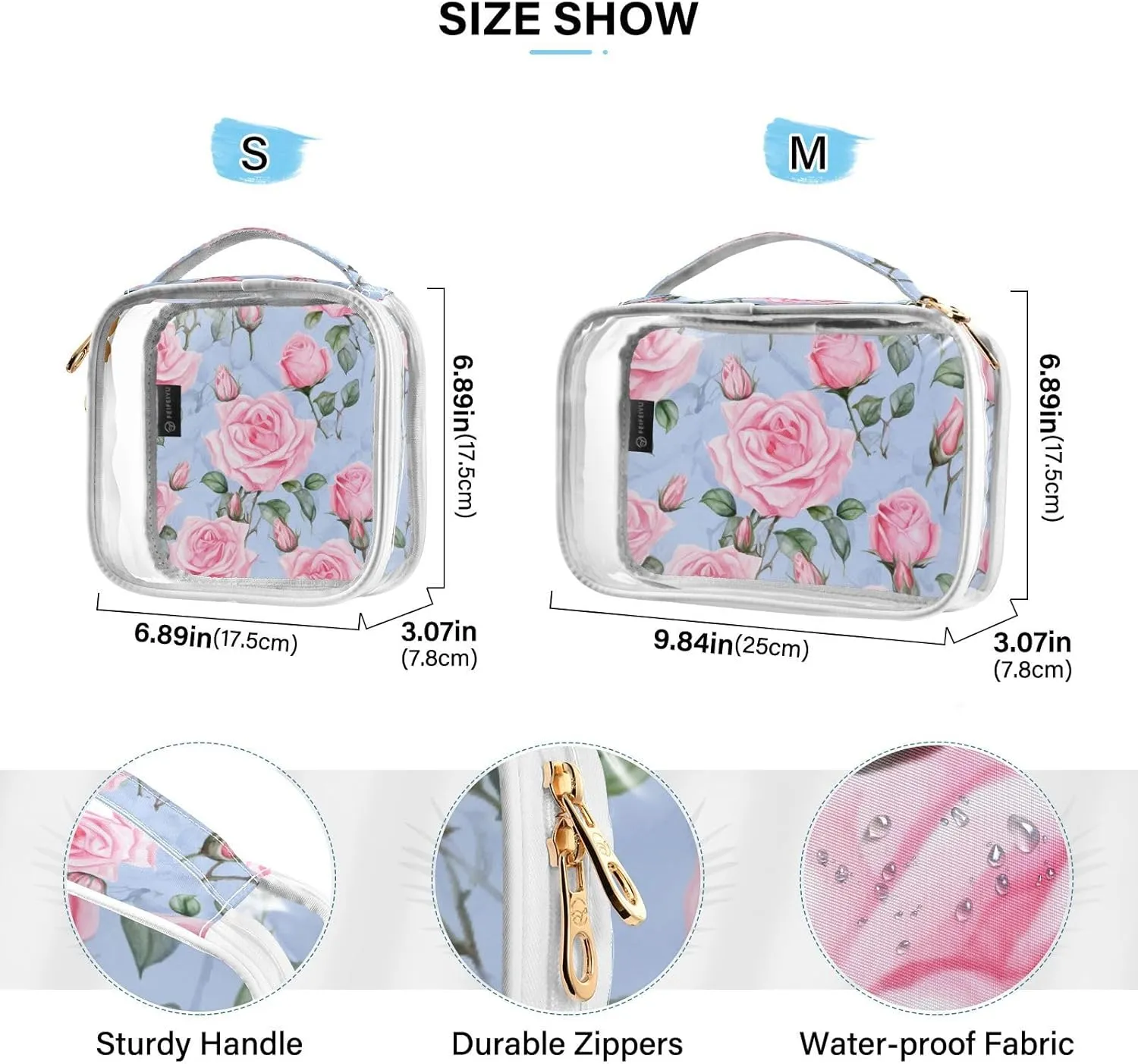 GAIGEO Pink Roses Clear Makeup Bag Set, Plastic Makeup Bag, Clear Toiletry Bag for Men, 2 Pack