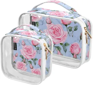 GAIGEO Pink Roses Clear Makeup Bag Set, Plastic Makeup Bag, Clear Toiletry Bag for Men, 2 Pack