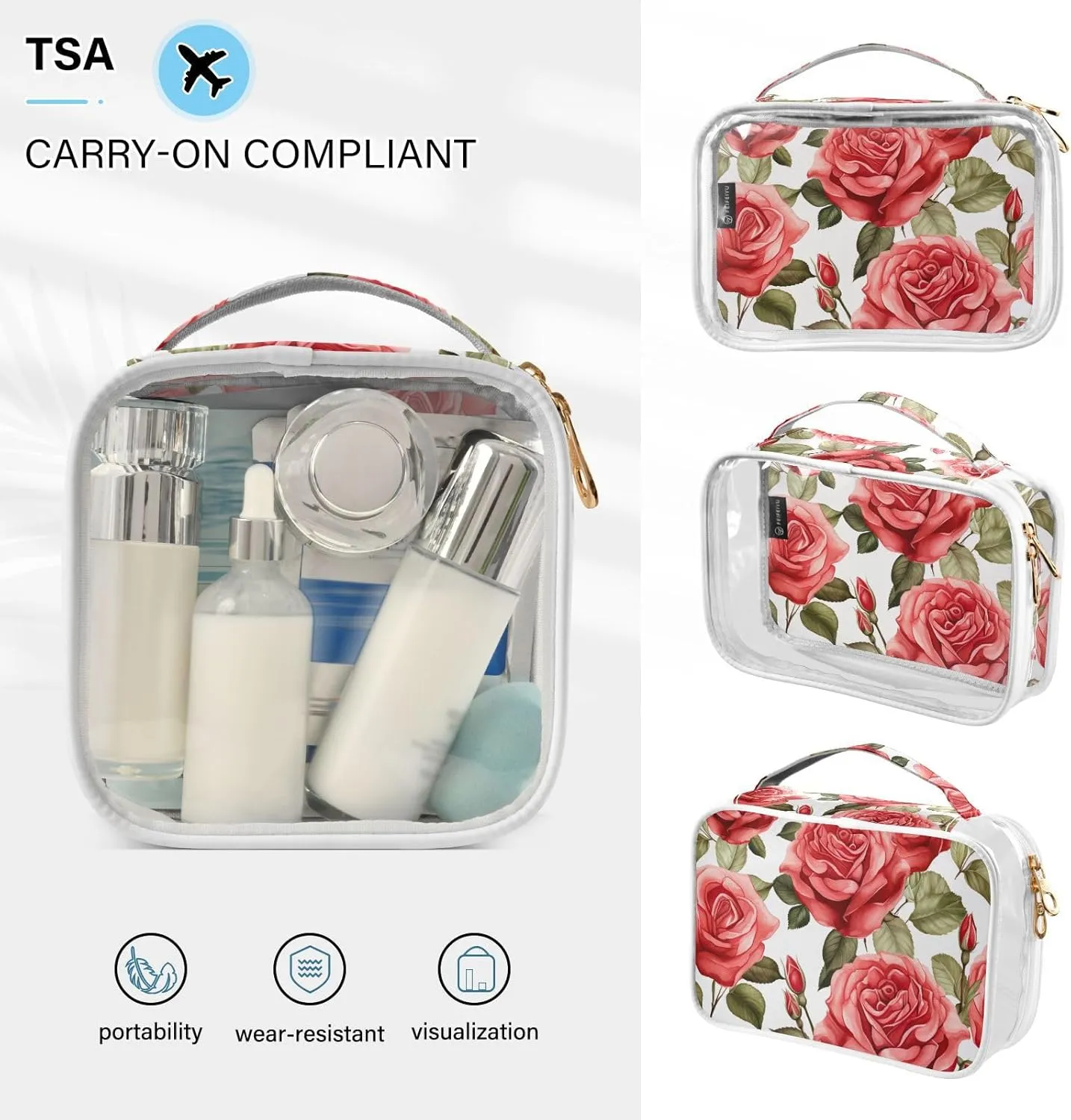 GAIGEO Red Roses Watercolor 2 Pack Clear Makeup Bag Set, Toiletry Bag Organizer, Clear Make up Bags for Traveling