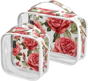 GAIGEO Red Roses Watercolor 2 Pack Clear Makeup Bag Set, Toiletry Bag Organizer, Clear Make up Bags for Traveling