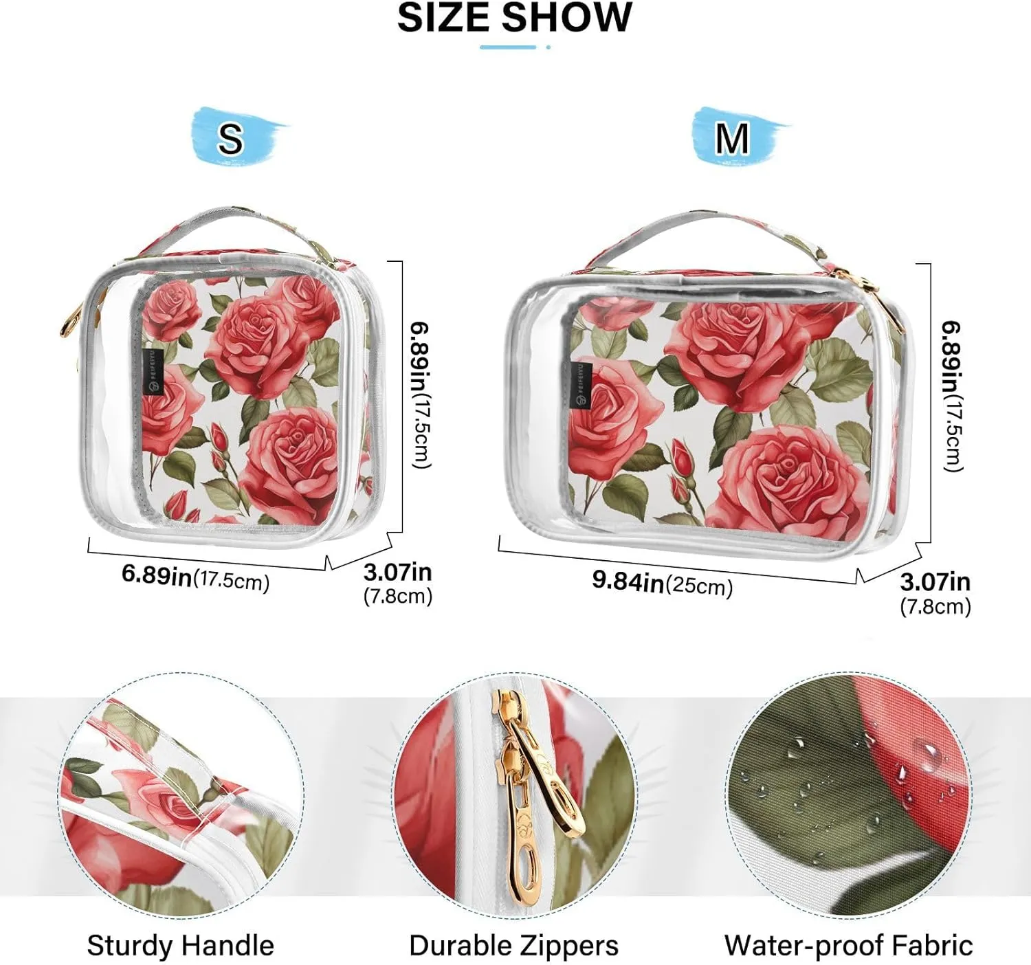 GAIGEO Red Roses Watercolor 2 Pack Clear Makeup Bag Set, Toiletry Bag Organizer, Clear Make up Bags for Traveling