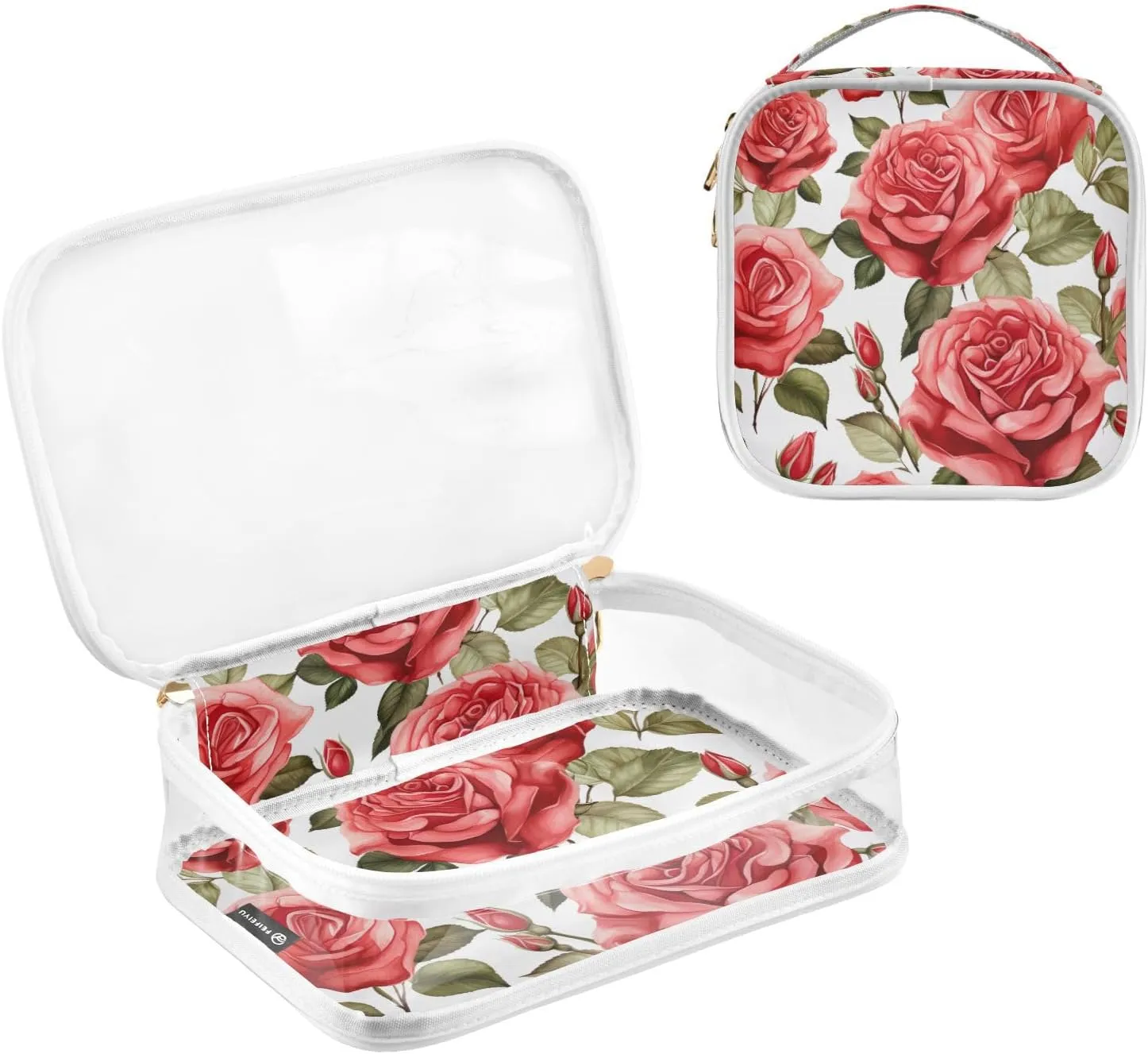 GAIGEO Red Roses Watercolor 2 Pack Clear Makeup Bag Set, Toiletry Bag Organizer, Clear Make up Bags for Traveling
