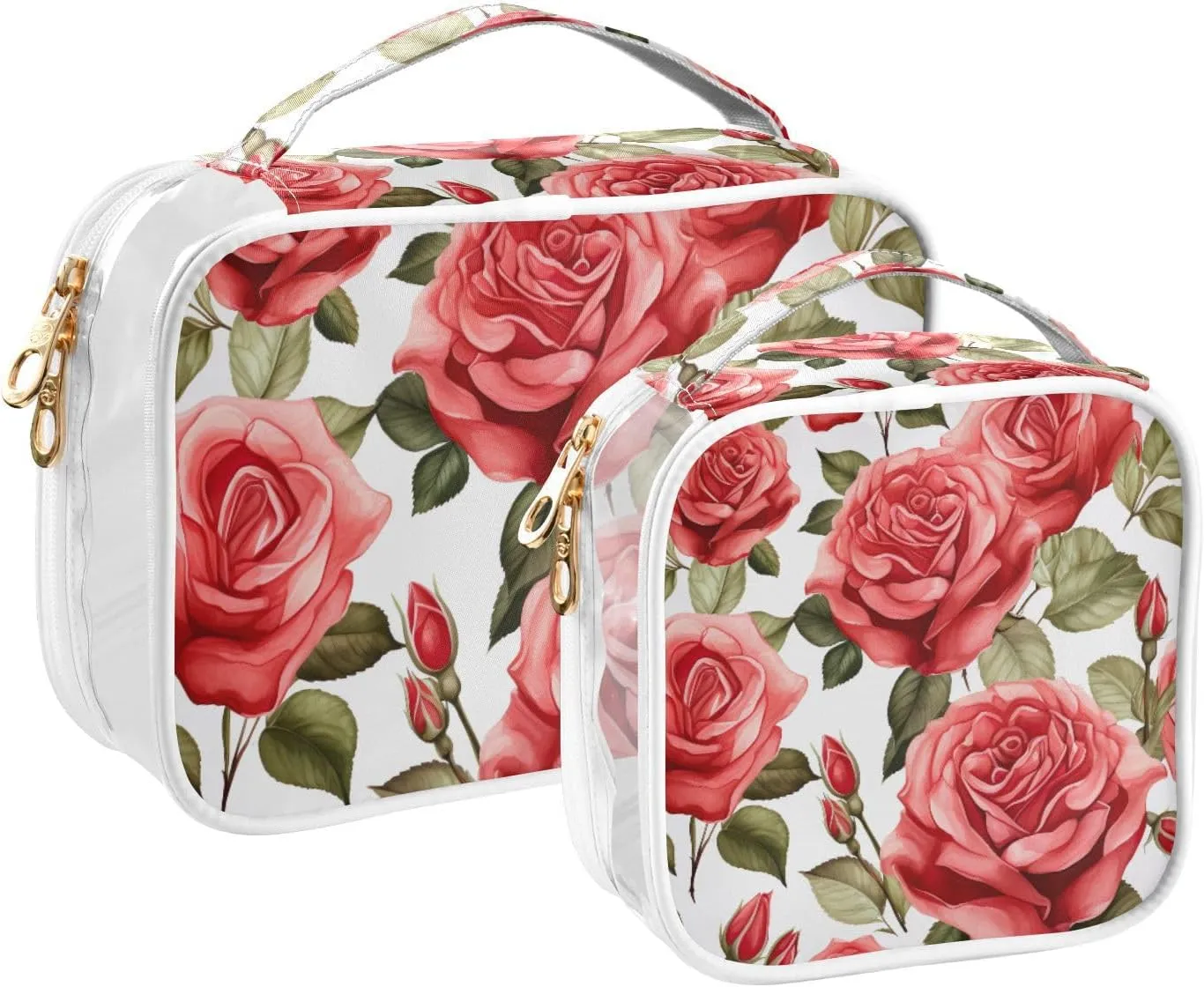 GAIGEO Red Roses Watercolor 2 Pack Clear Makeup Bag Set, Toiletry Bag Organizer, Clear Make up Bags for Traveling