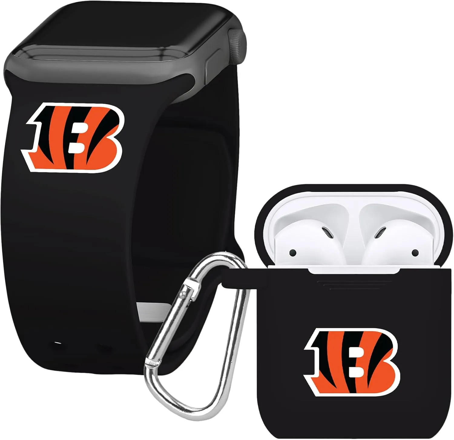 Game Time Cincinnati Bengals Silicone Watch Band and Case Cover Combo Package Compatible with Apple Watch and AirPods Battery Case (42/44/45mm Black/Black)