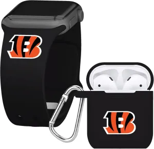 Game Time Cincinnati Bengals Silicone Watch Band and Case Cover Combo Package Compatible with Apple Watch and AirPods Battery Case (42/44/45mm Black/Black)