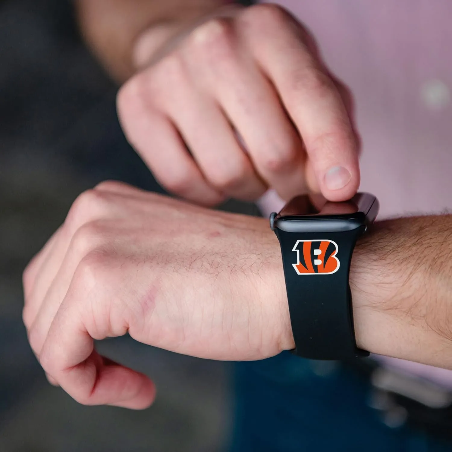 Game Time Cincinnati Bengals Silicone Watch Band and Case Cover Combo Package Compatible with Apple Watch and AirPods Battery Case (42/44/45mm Black/Black)
